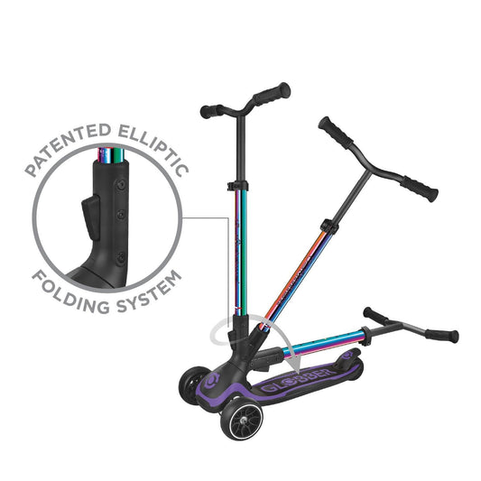Globber Ultimum 3 Wheel Scooter in Neochrome, featuring adjustable height, wide deck, and patented steering system.
