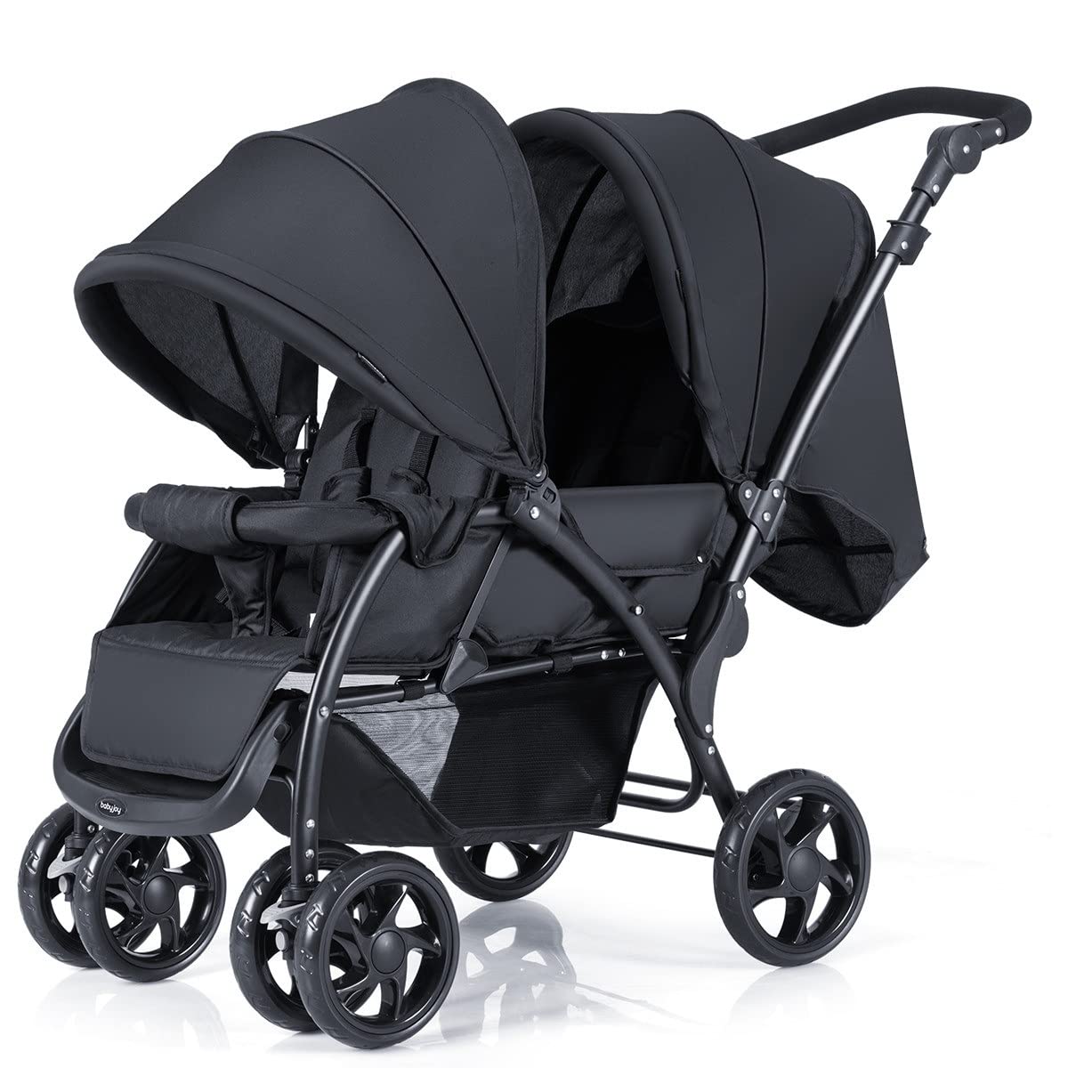 Maxmass Double Seat Baby Stroller, Folding Infant Pushchair with Adjustable Handlebar & Backrest, Storage Basket and Detachable Canopy, Travel Toddler Buggy for Shopping, Hanging Out (Black)
