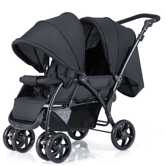 Maxmass Double Seat Baby Stroller, Folding Infant Pushchair with Adjustable Handlebar & Backrest, Storage Basket and Detachable Canopy, Travel Toddler Buggy for Shopping, Hanging Out (Black)