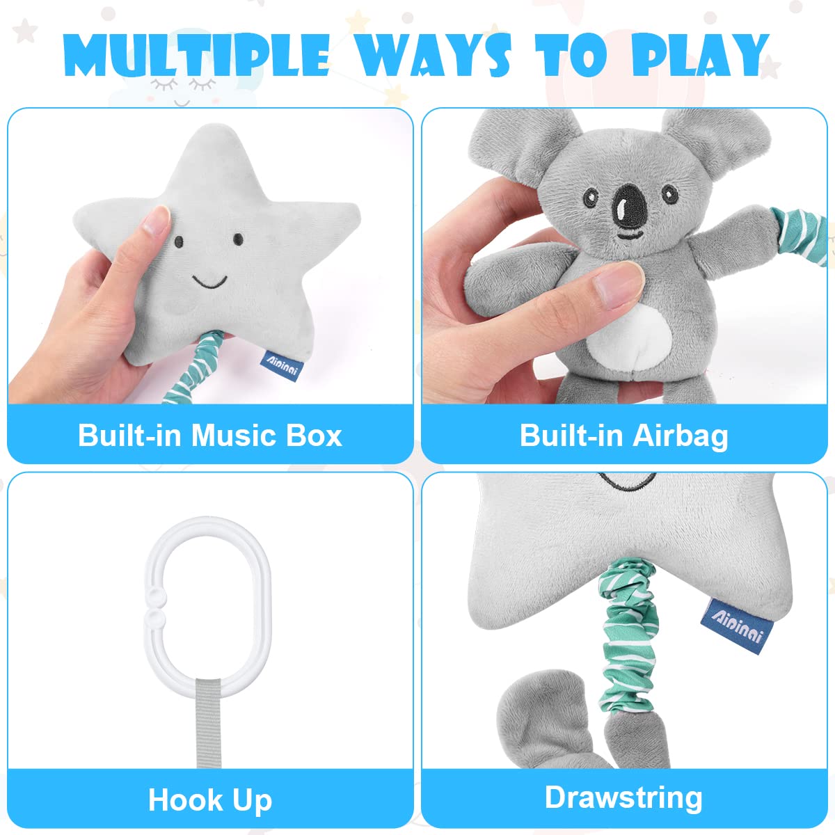 Vicloon baby pram toys, soft plush pushchair activity toys with music, designed for infants and stroller entertainment