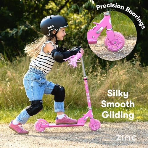 Zinc Kids Scooter for Ages 3+, Folding 2-Wheel Kick Scooter with Light Up Wheels, Height Adjustable, Anti-Slip Footplate, Rear Footbrake, Unicorn with Tassels