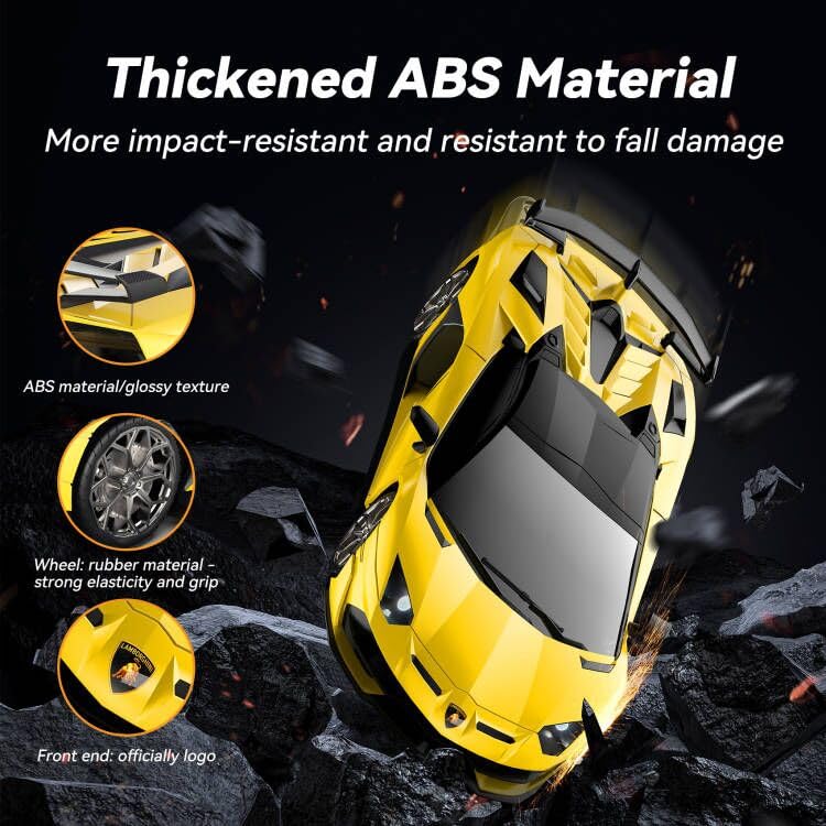 AEROQUEST 1:16 Lamborghini remote control car, detailed 2.4GHz licensed RC toy car for kids, black and yellow design on smooth surface.