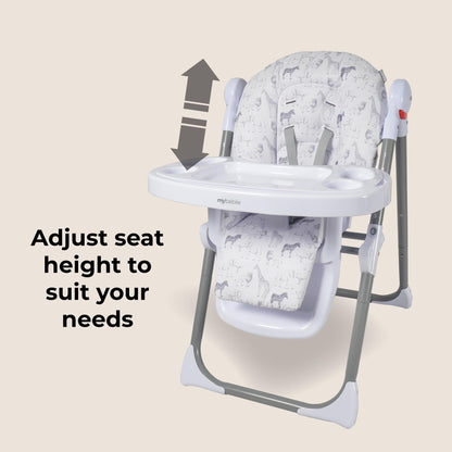 My Babiie MBHC8 Premium Highchair – Adjustable, 3 Recline Positions, 6 Height Settings, Removable Tray, Padded Seat, Foldable, for Toddler, from 6 Months to 3 Years (15kg) – Safari