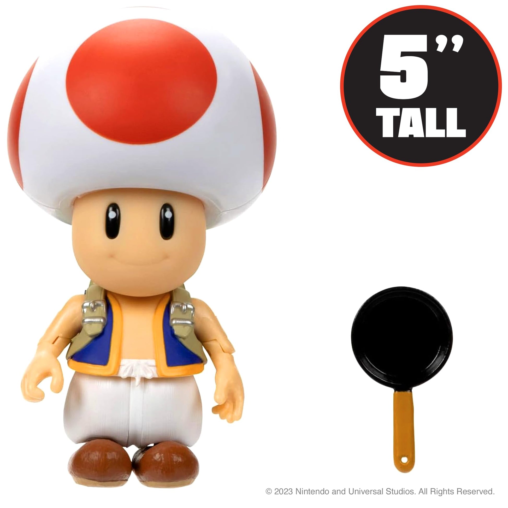 Nintendo Super Mario Bros. Movie Toad action figure holding frying pan, 5-inch collectible toy with detailed design.