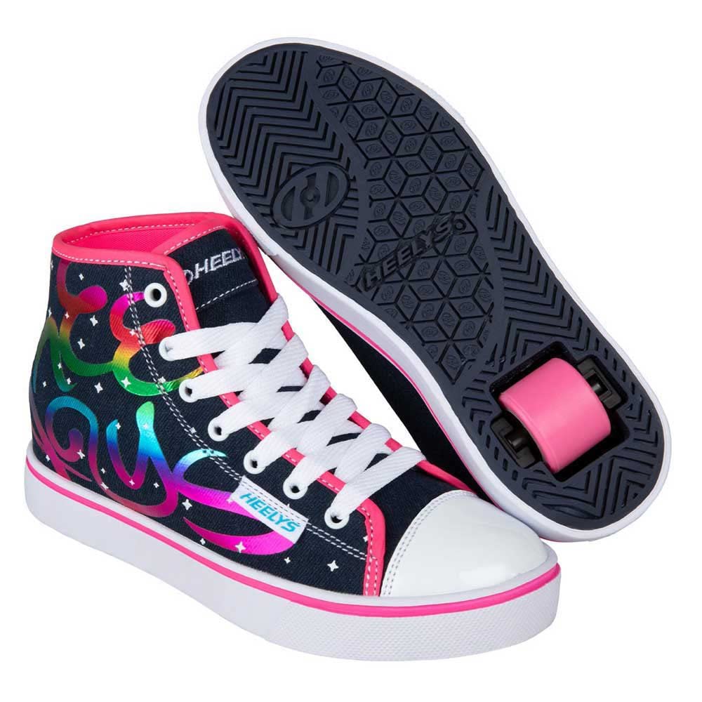 Heelys Girls Veloz Denim Rainbow sneaker with colorful rainbow accents and white sole, size 1 UK, casual skate shoe style.