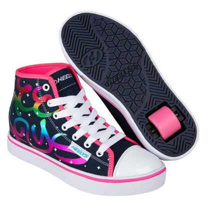 Heelys Girls Veloz Denim Rainbow sneaker with colorful rainbow accents and white sole, size 1 UK, casual skate shoe style.