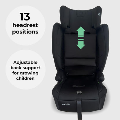 My Babiie MBCS80 Foldable Toddler to Booster R129 Child Car Seat - ISOFIX with Top Tether, Harness, 76-150cm (Approx. 9-36kg, 15 Months - 12 Years), i-Size, Group 1/2/3, Forward Facing - Black