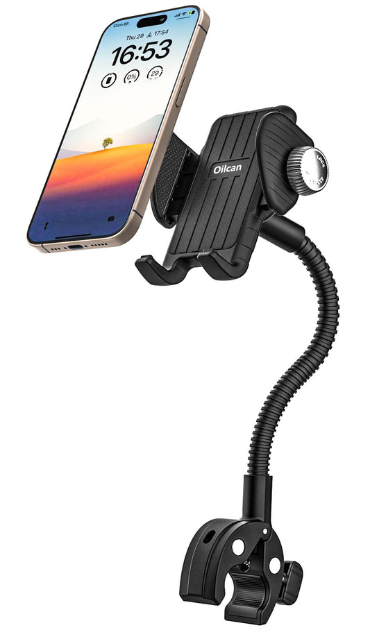 Oilcan metal flexible phone holder mount attached to a wheelchair handlebar, compatible with iPhone 15, Galaxy, and other smartphones.