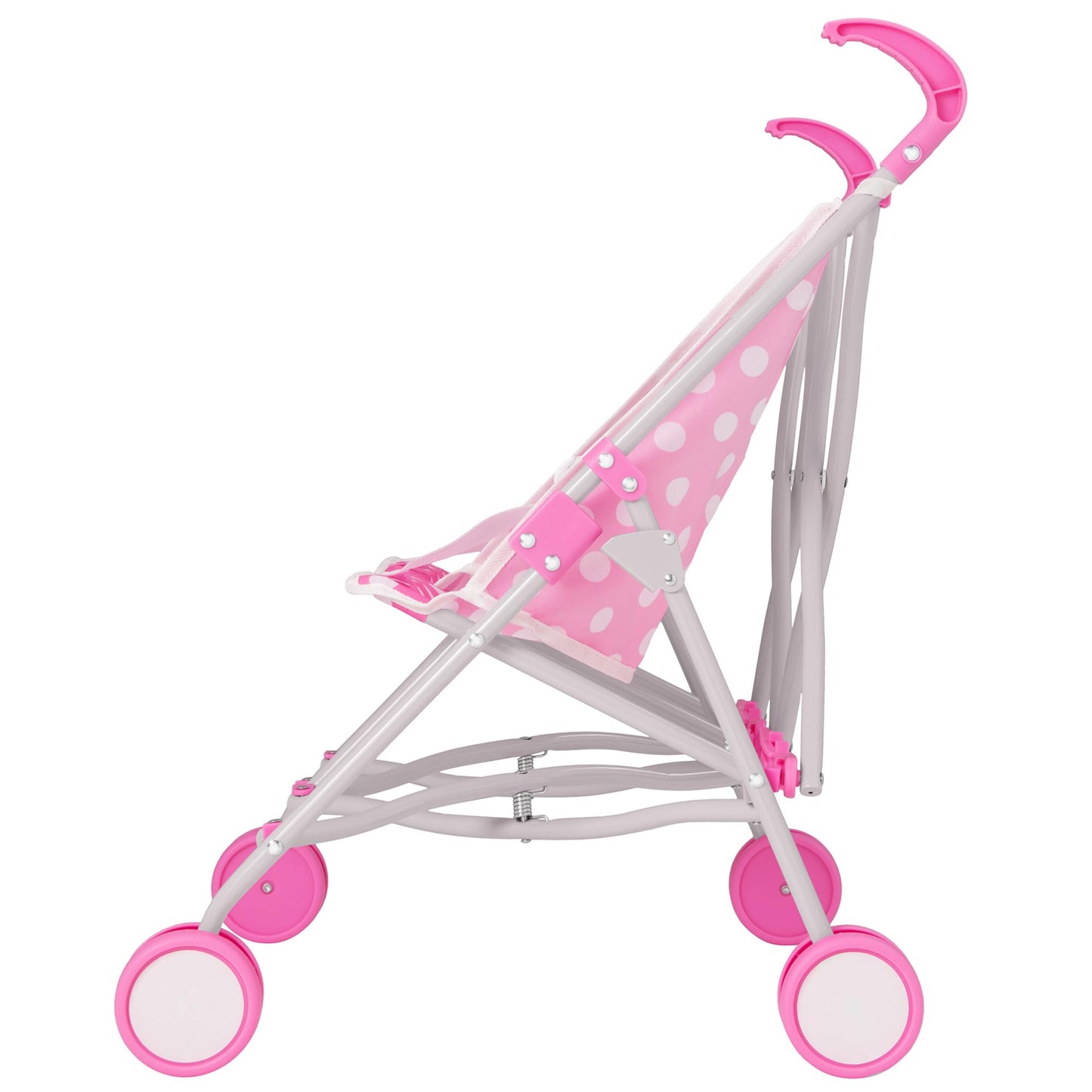 Pink Dolly Tots twin stroller with polka dots, lightweight double dolls pram for kids, suitable for ages 2+ with umbrella fold design.