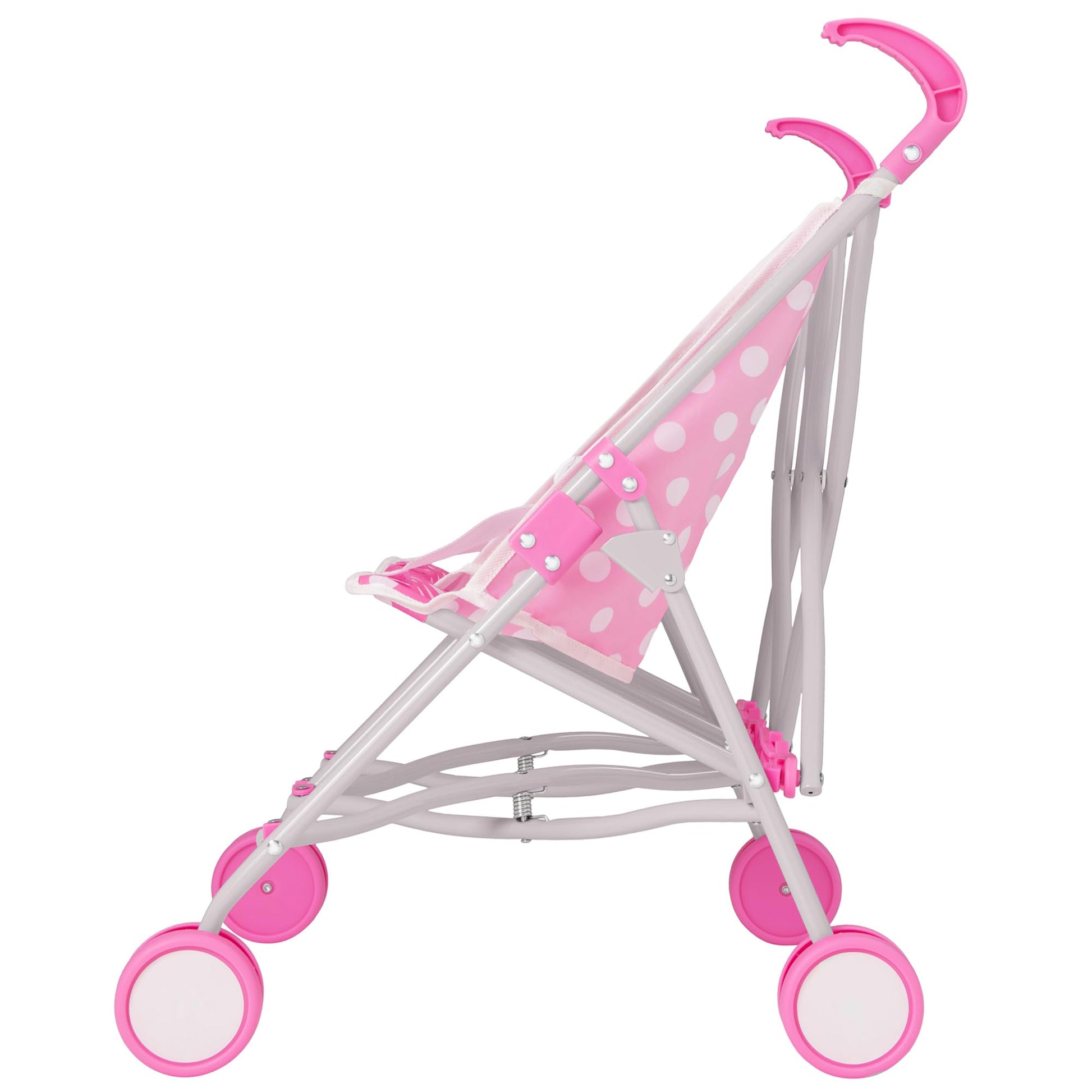 Pink Dolly Tots twin stroller with polka dots, lightweight double dolls pram for kids, suitable for ages 2+ with umbrella fold design.
