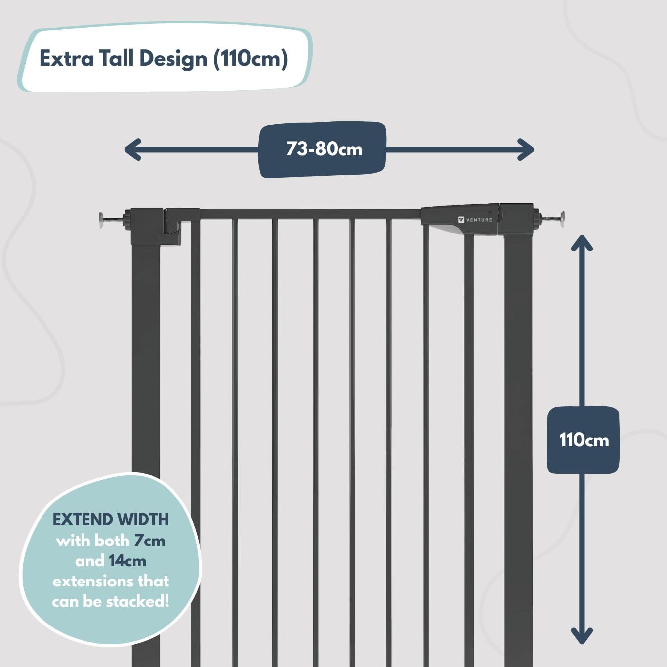 Venture Q-Fix 110cm tall baby gate for stairs and doorways, black pressure-fit indoor gate with auto-close and two-way opening.