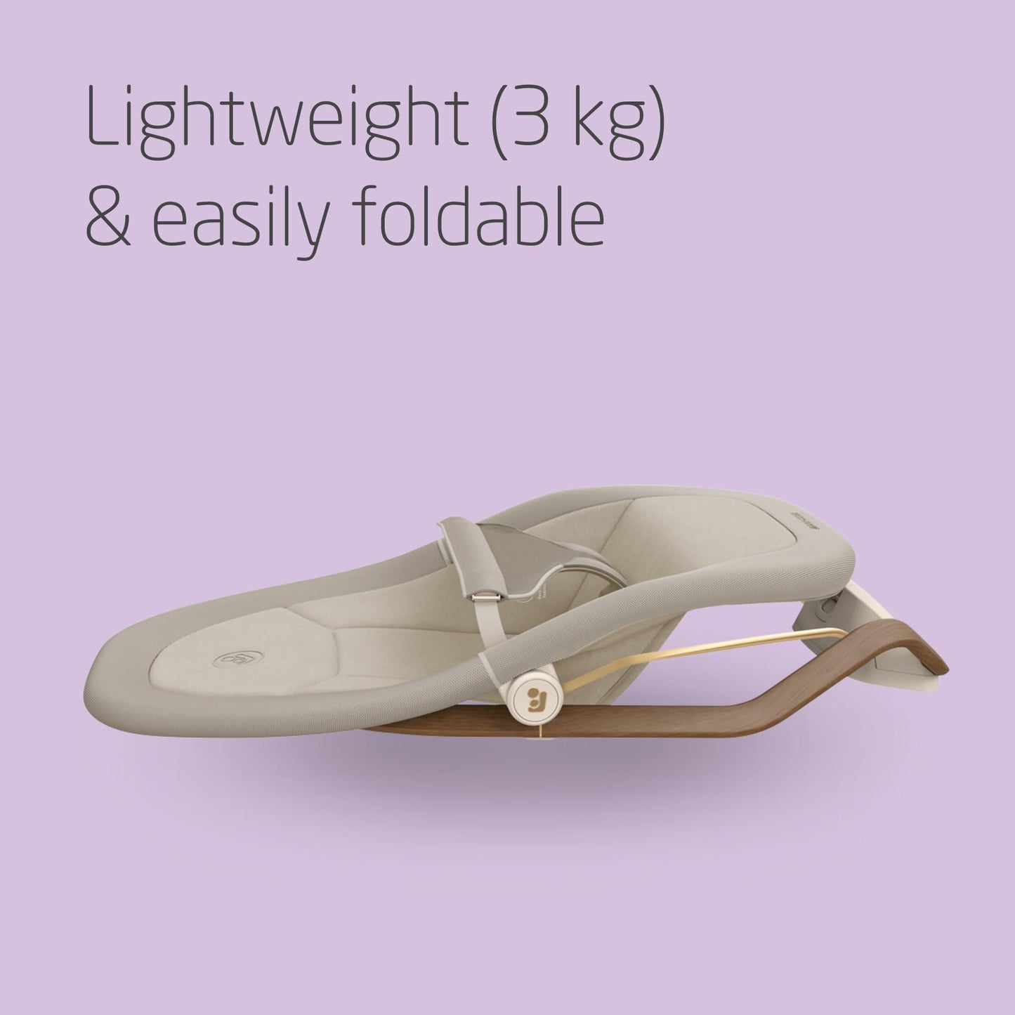 Maxi-Cosi Dove baby bouncer in elegant beige with natural bouncing, foldable and portable design, made from eco-friendly recycled fabrics.