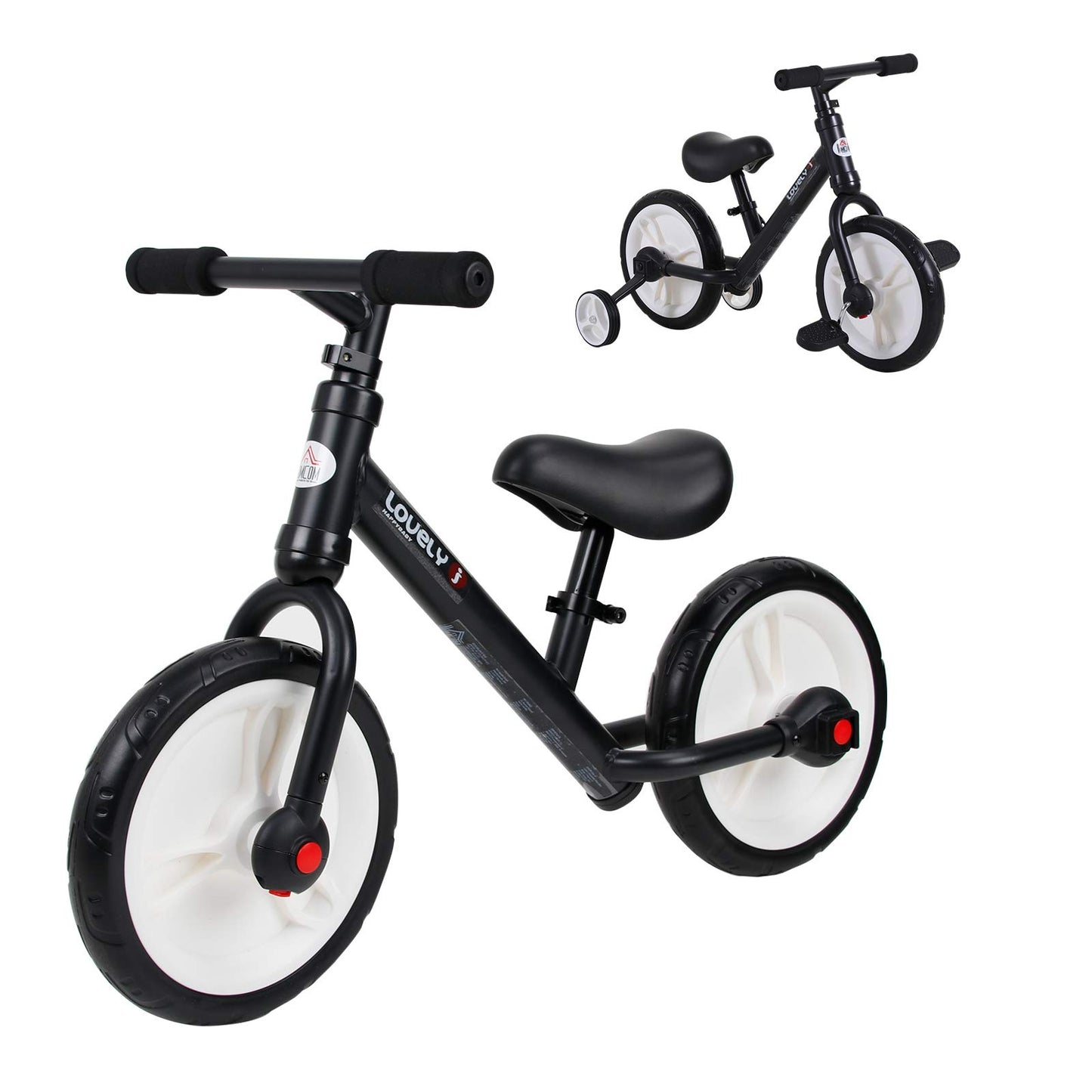 HOMCOM 11-inch kids balance bike with removable stabilizers, adjustable seat, and EVA tires for boys and girls, black.
