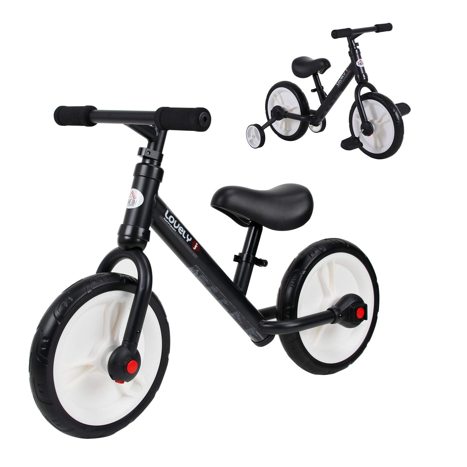 HOMCOM 11-inch kids balance bike with removable stabilizers, adjustable seat, and EVA tires for boys and girls, black.