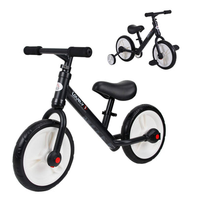 HOMCOM 11-inch kids balance bike with removable stabilizers, adjustable seat, and EVA tires for boys and girls, black.