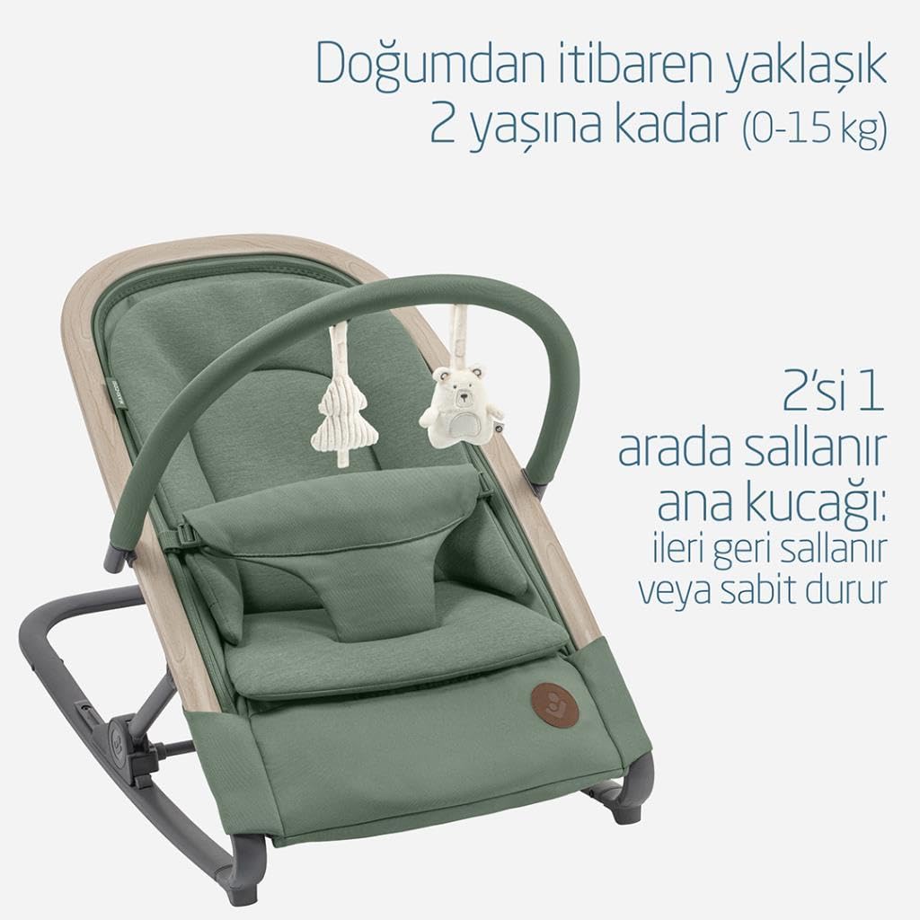 Maxi-COSI Kori 2-in-1 ergonomic baby bouncer chair with toy arch, adjustable recline, lightweight design, and newborn pillow.