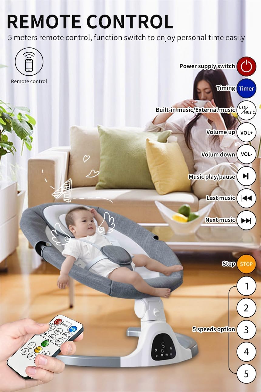 HoldOneLight adjustable height baby swing with Bluetooth remote, 5 speeds, 3 seat positions, 5-point harness, and 12 lullabies.