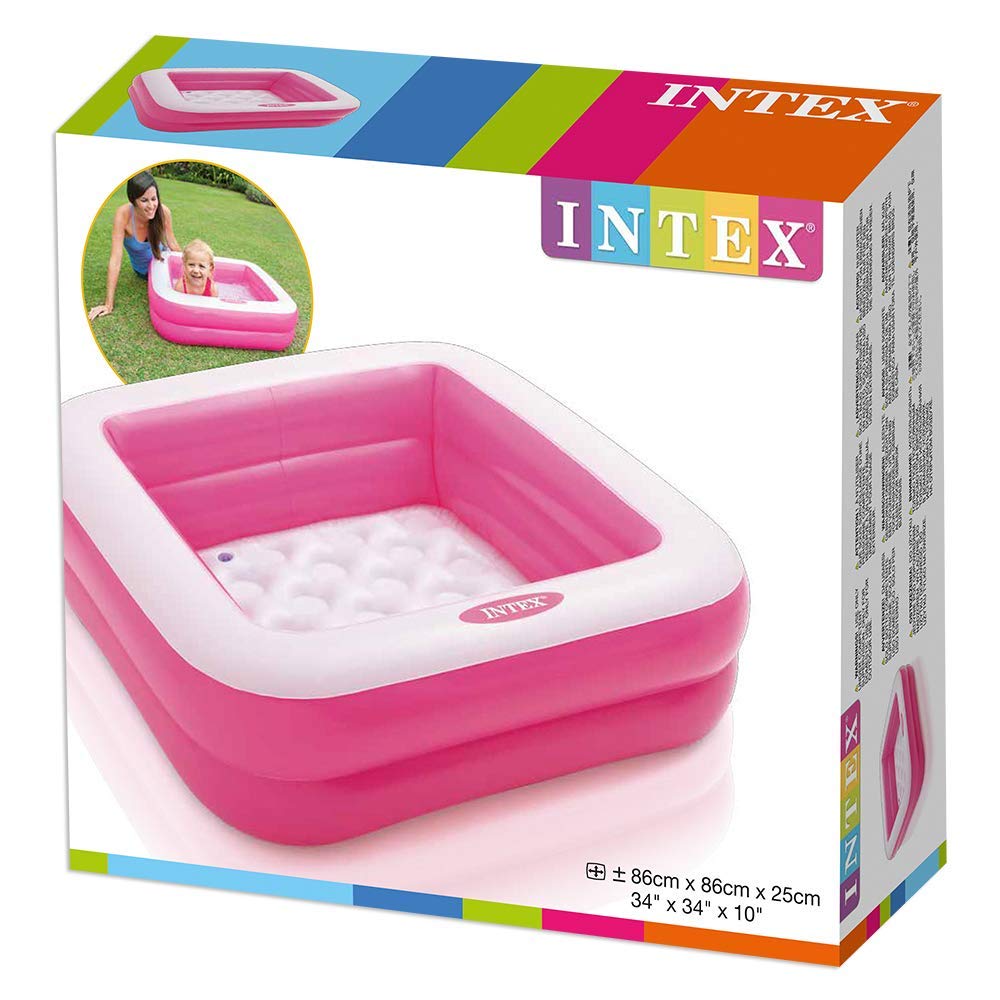 Intex inflatable square paddling pool, 86x86x25 cm, in random colors pink or lime green, perfect for outdoor fun.