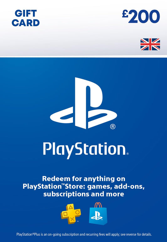 PlayStation Store gift card for 200 GBP with PSN UK account, PS5 and PS4 download code, branded PlayStation.