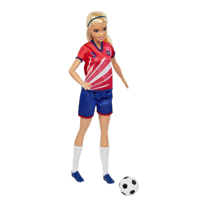 Barbie Careers soccer player fashion doll with blonde ponytail, #9 uniform, tall socks, cleats, and soccer ball.