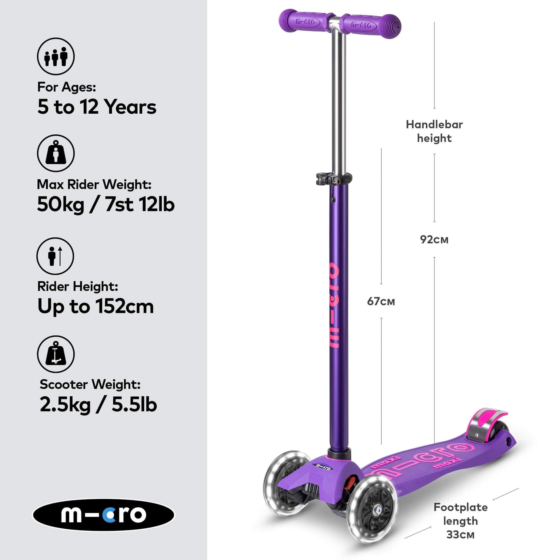 Purple Maxi Micro LED Deluxe children's scooter with big wheels and adjustable handlebar for ages 5-12.