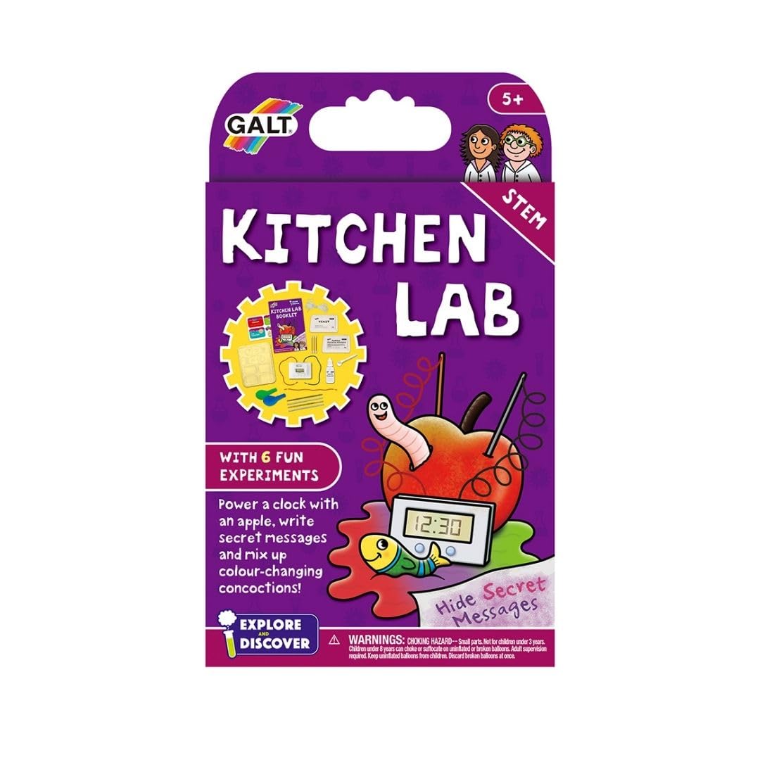 Galt Kitchen Lab science kit for kids showing colorful experiment bottles and tools for fun kitchen science experiments.