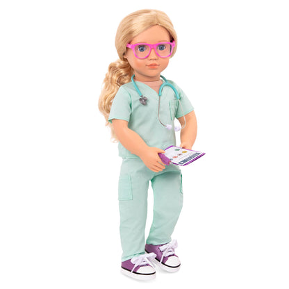 Our Generation doctor scrubs outfit for 18-inch dolls, featuring a sweet surgeon design and pretend play accessories.