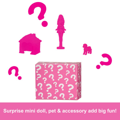 Mini Barbie Dreamhouse set with furniture, elevator, pool, and 1.5-inch Barbie doll for ages 4 and up.