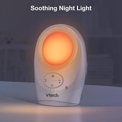 VTech DM1211 audio baby monitor with long range, 2-way talk, noise level display, temperature sensor, soothing sounds, parent belt clip