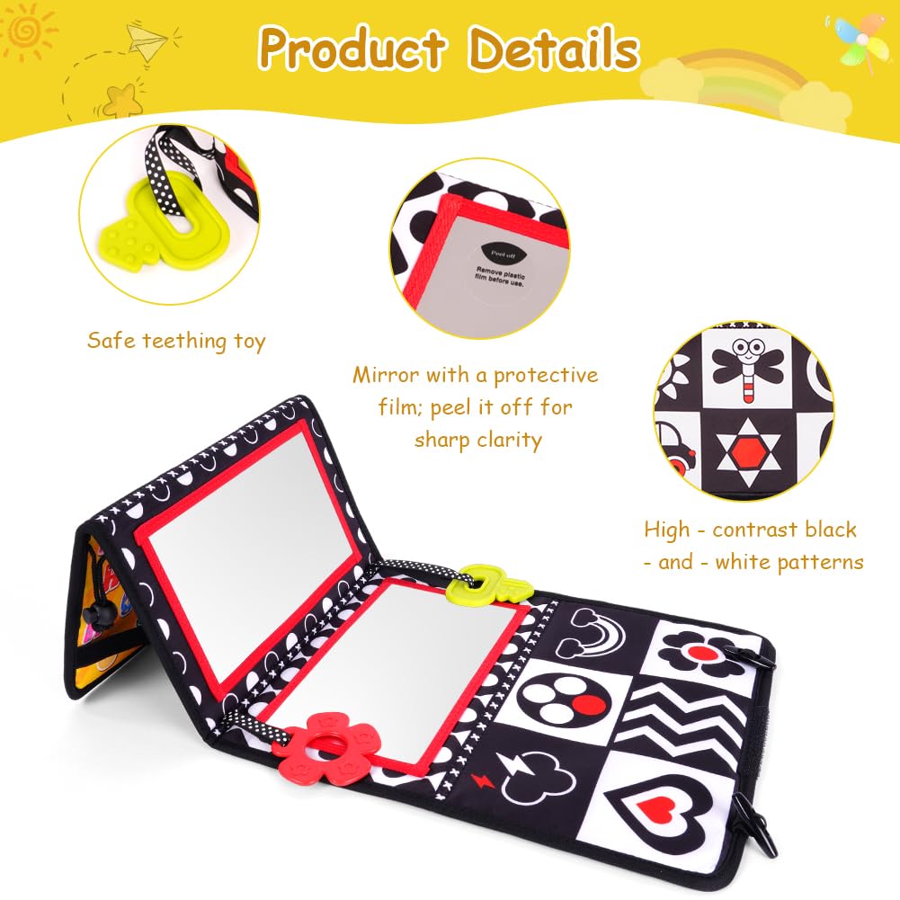Vicloon Tummy Time Mirror Toys for Babies, Flip Mirror Foldable Baby Toys, Double-Sided Baby Mirrors with High Contrast Patterns, Black and White Babys Sensory Toys for Newborn 0-12 Months