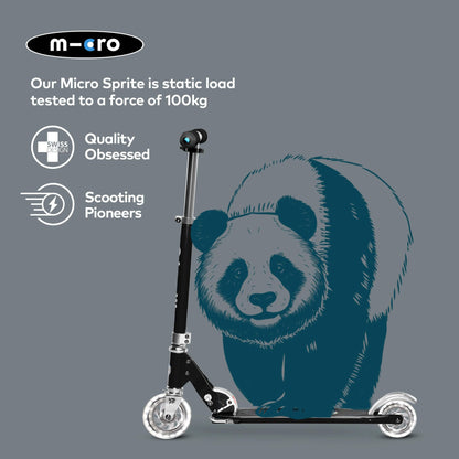 Micro Scooters | Micro Sprite Classic LED Children's Scooter | Handlebar Adjustable | Light Up Wheels | Foldable | Kickstand | 5 to Teen | Boys & Girls | Black