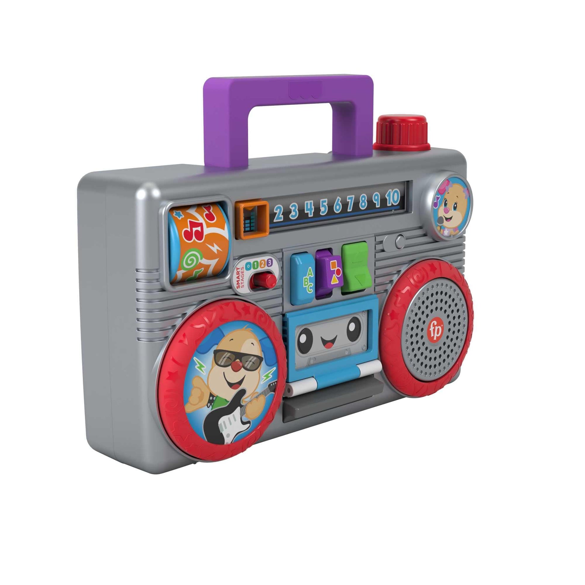 Fisher-Price Laugh & Learn Busy Boombox infant toy with colorful buttons, musical features, and learning content for babies and toddlers.