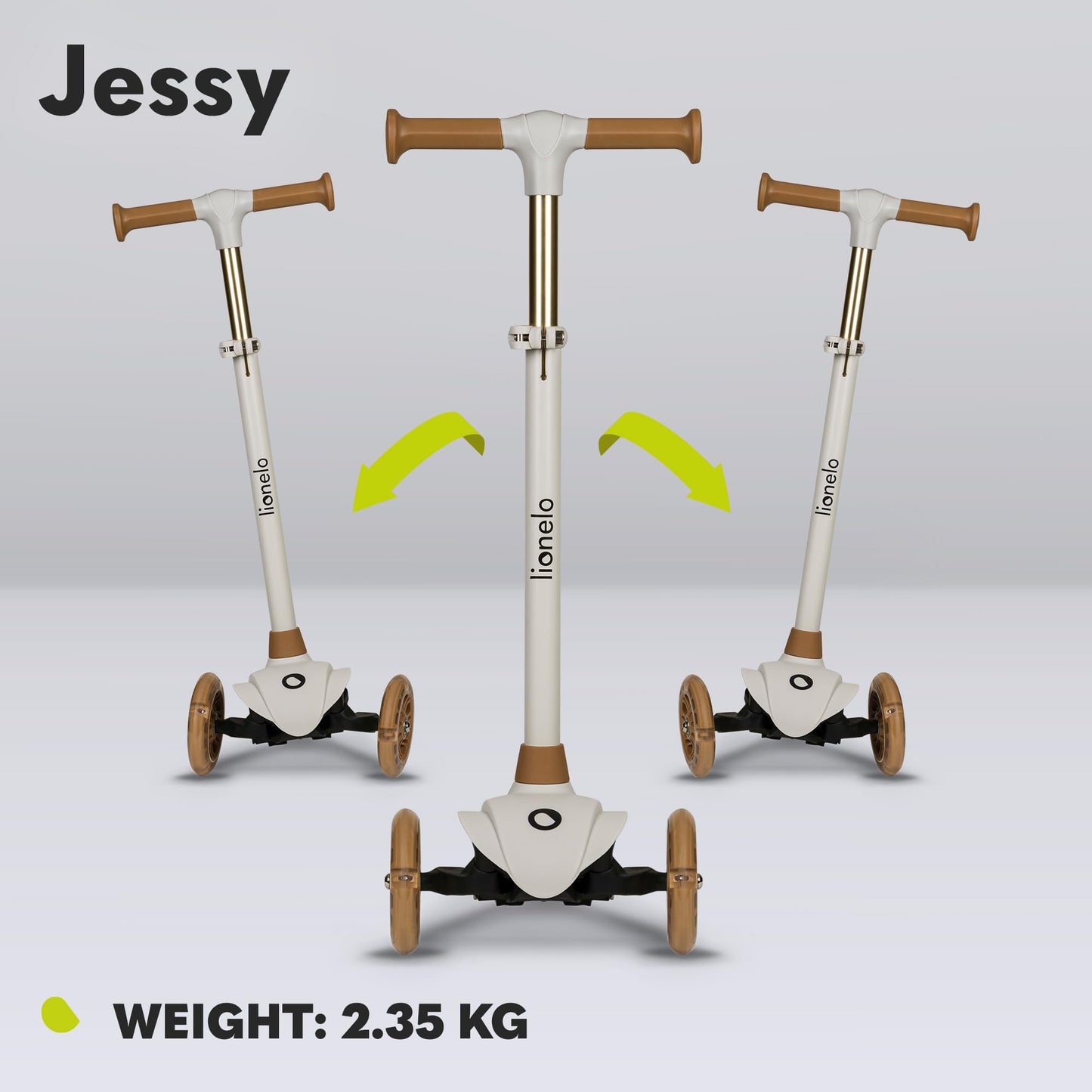 LIONELO JESSY three-wheel kids scooter with LED wheels, adjustable height, and non-slip platform, suitable for ages 3-5.