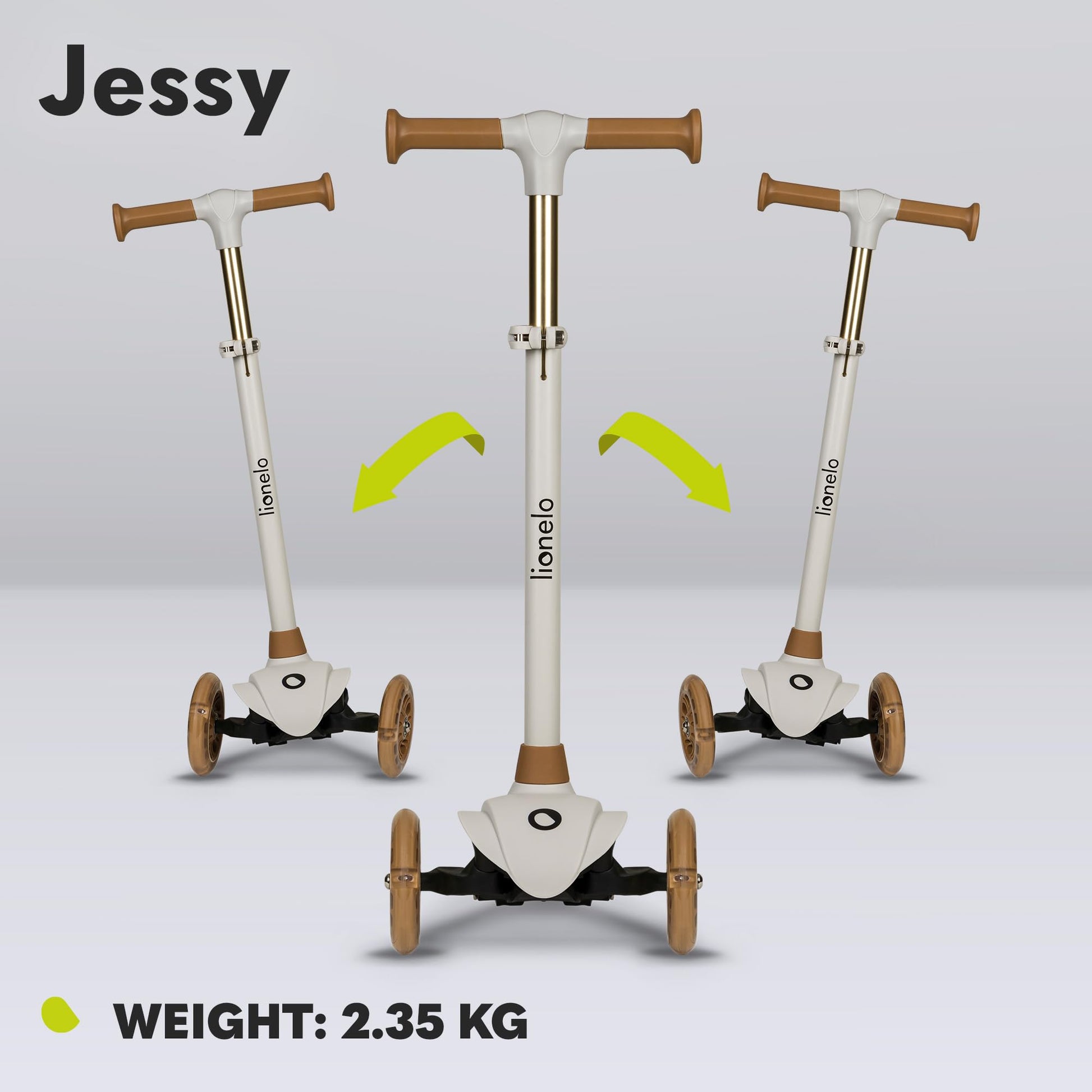 LIONELO JESSY three-wheel kids scooter with LED wheels, adjustable height, and non-slip platform, suitable for ages 3-5.
