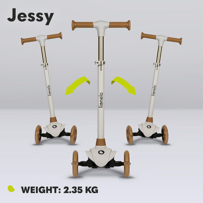 LIONELO JESSY three-wheel kids scooter with LED wheels, adjustable height, and non-slip platform, suitable for ages 3-5.