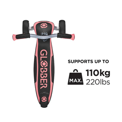 Globber Ultimum 3 wheel scooter in coral pink, featuring adjustable height, wide deck, and patented steering system.