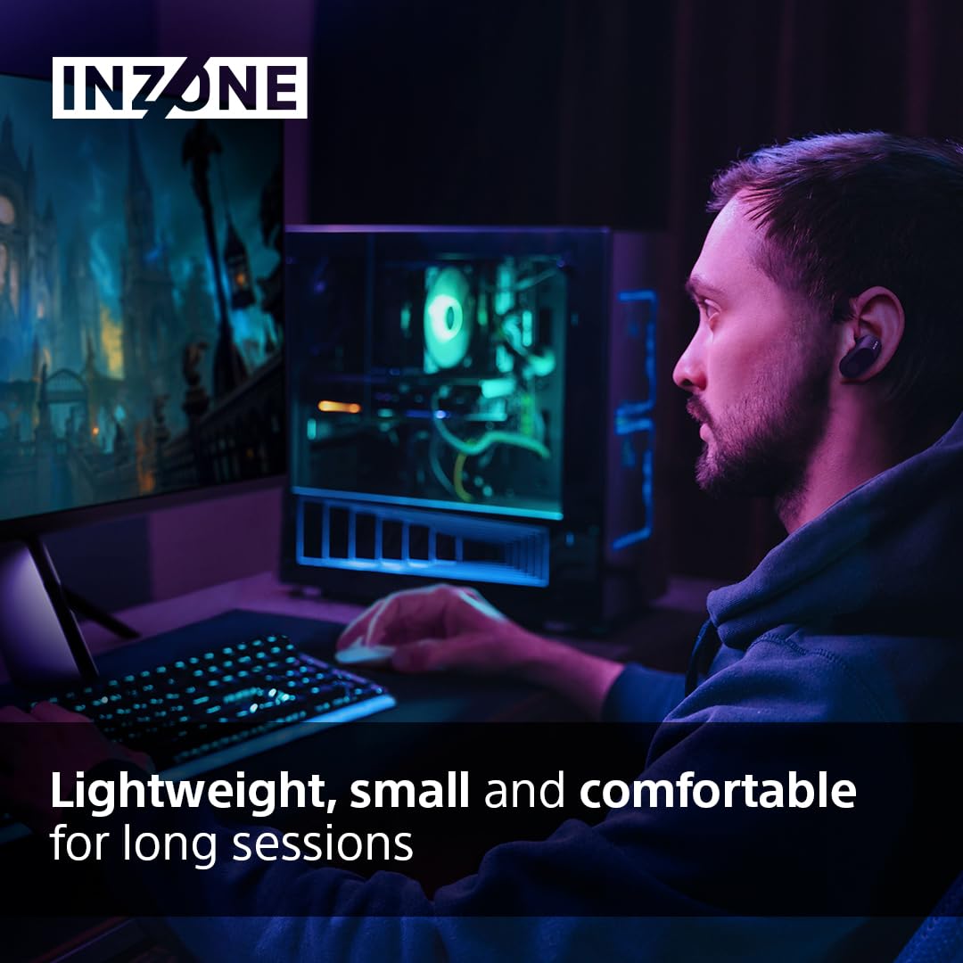 Sony INZONE Buds true wireless gaming earbuds in black with 360 spatial sound, active noise canceling, lightweight design, and AI microphone.
