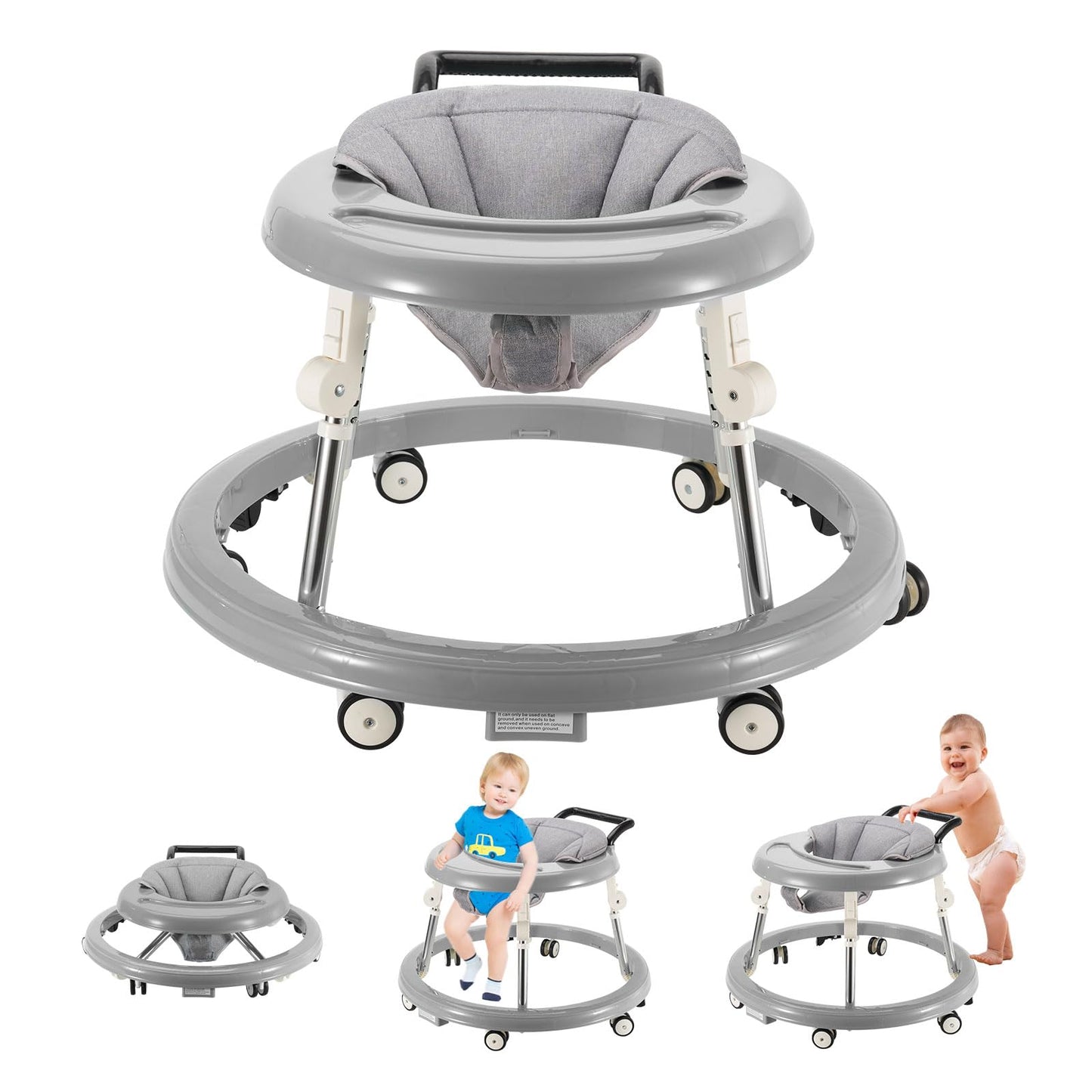 Grey Fugualin baby walker with wheels, activity center, mute wheels, anti-rollover feature, 5 adjustable heights, foldable design