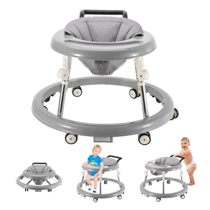 Grey Fugualin baby walker with wheels, activity center, mute wheels, anti-rollover feature, 5 adjustable heights, foldable design
