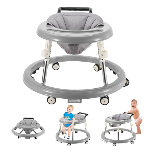 Grey Fugualin baby walker with wheels, activity center, mute wheels, anti-rollover feature, 5 adjustable heights, foldable design