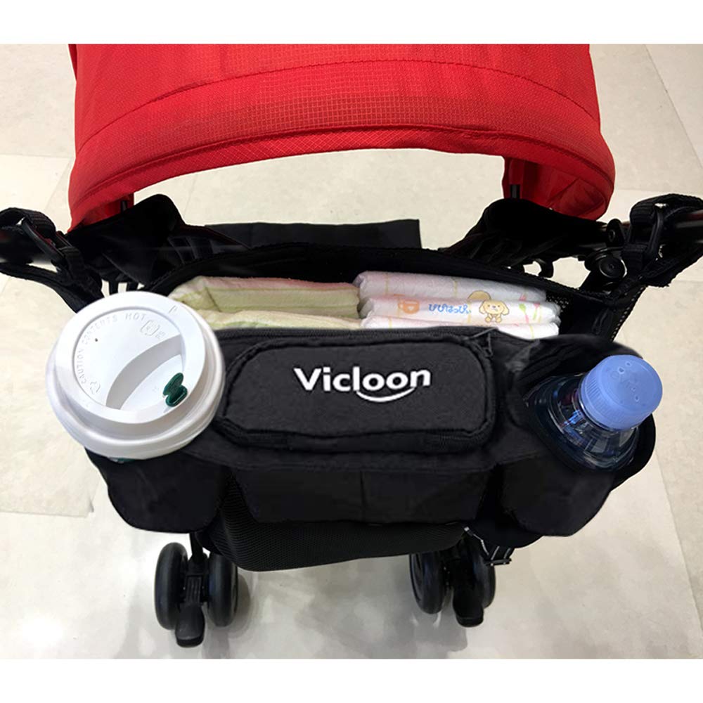 Black Vicloon baby stroller organizer with zippered pocket, cup holder, and hanging pouch in durable Oxford fabric.