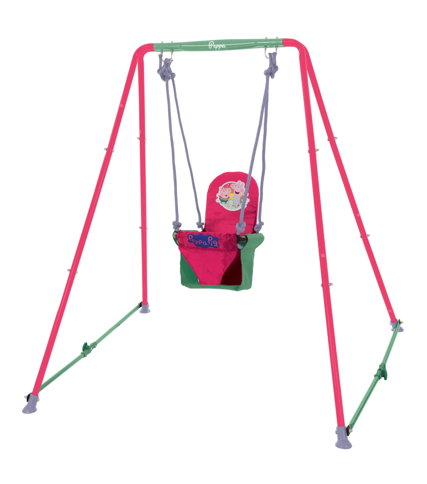 Peppa Pig fast folding baby swing set with adjustable seat, safety harness, suitable for indoor and outdoor use for toddlers 6-36 months.