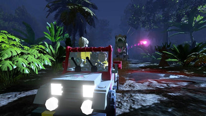 LEGO Jurassic World game for ages 6 and up, featuring colorful LEGO dinosaur and character pieces, WB brand toy.