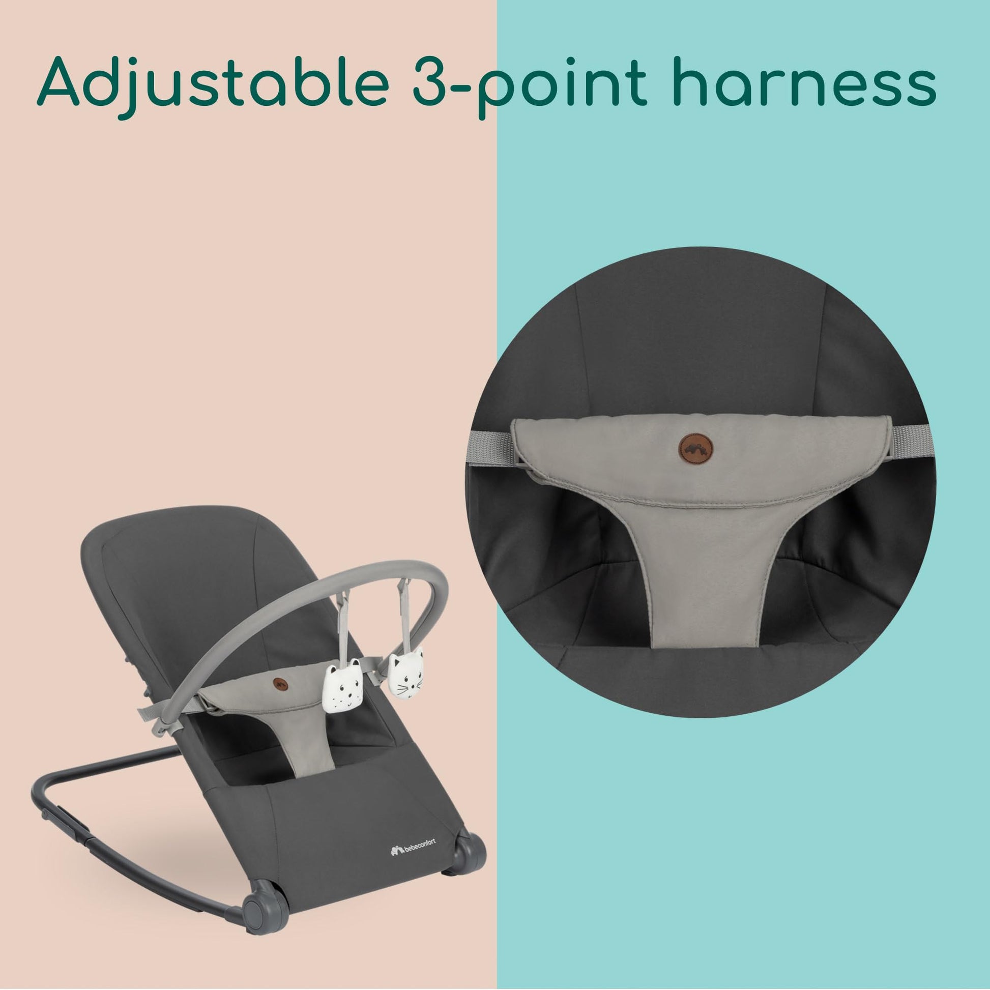 Bebeconfort Aster baby rocker with adjustable backrest, removable toy arch, 3-point harness, lightweight design, in tinted graphite color.