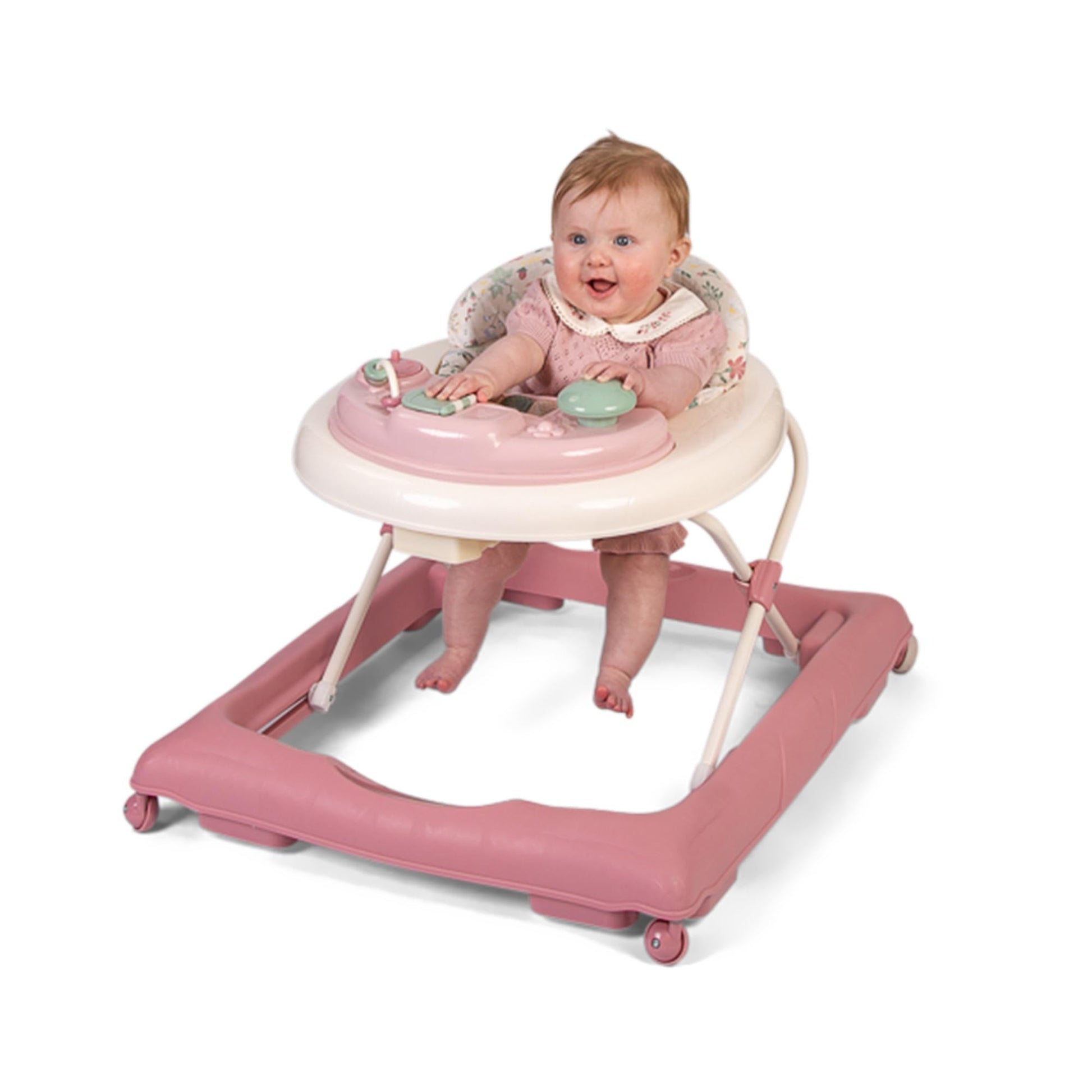 Red Kite Baby Go Round Jive electronic walker with interactive musical play tray in rose and ivy colors, suitable for infants.