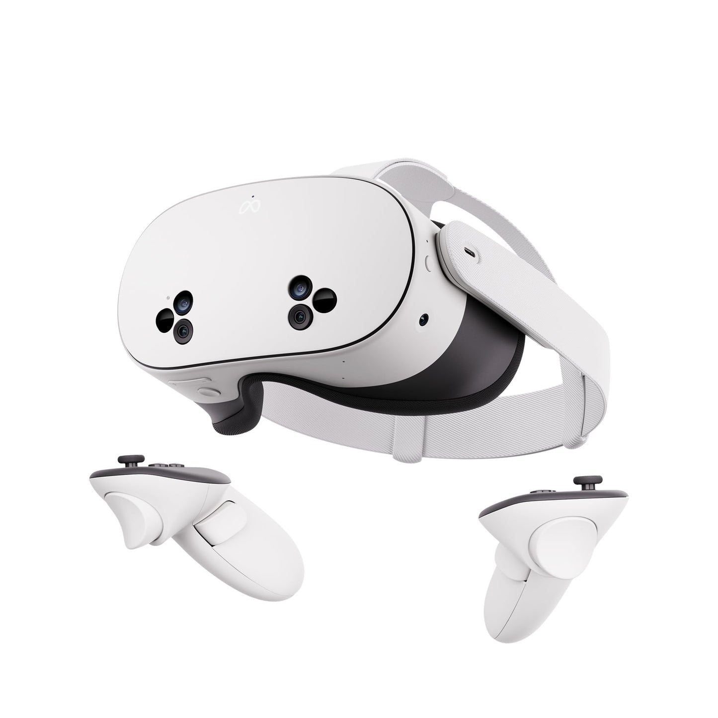Meta Quest 3S VR headset with 256GB storage, showing the all-in-one virtual reality device with adjustable straps and front sensors.