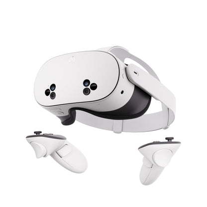 Meta Quest 3S VR headset with 256GB storage, showing the all-in-one virtual reality device with adjustable straps and front sensors.