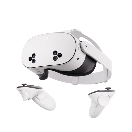 Meta Quest 3S VR headset with 256GB storage, showing the all-in-one virtual reality device with adjustable straps and front sensors.