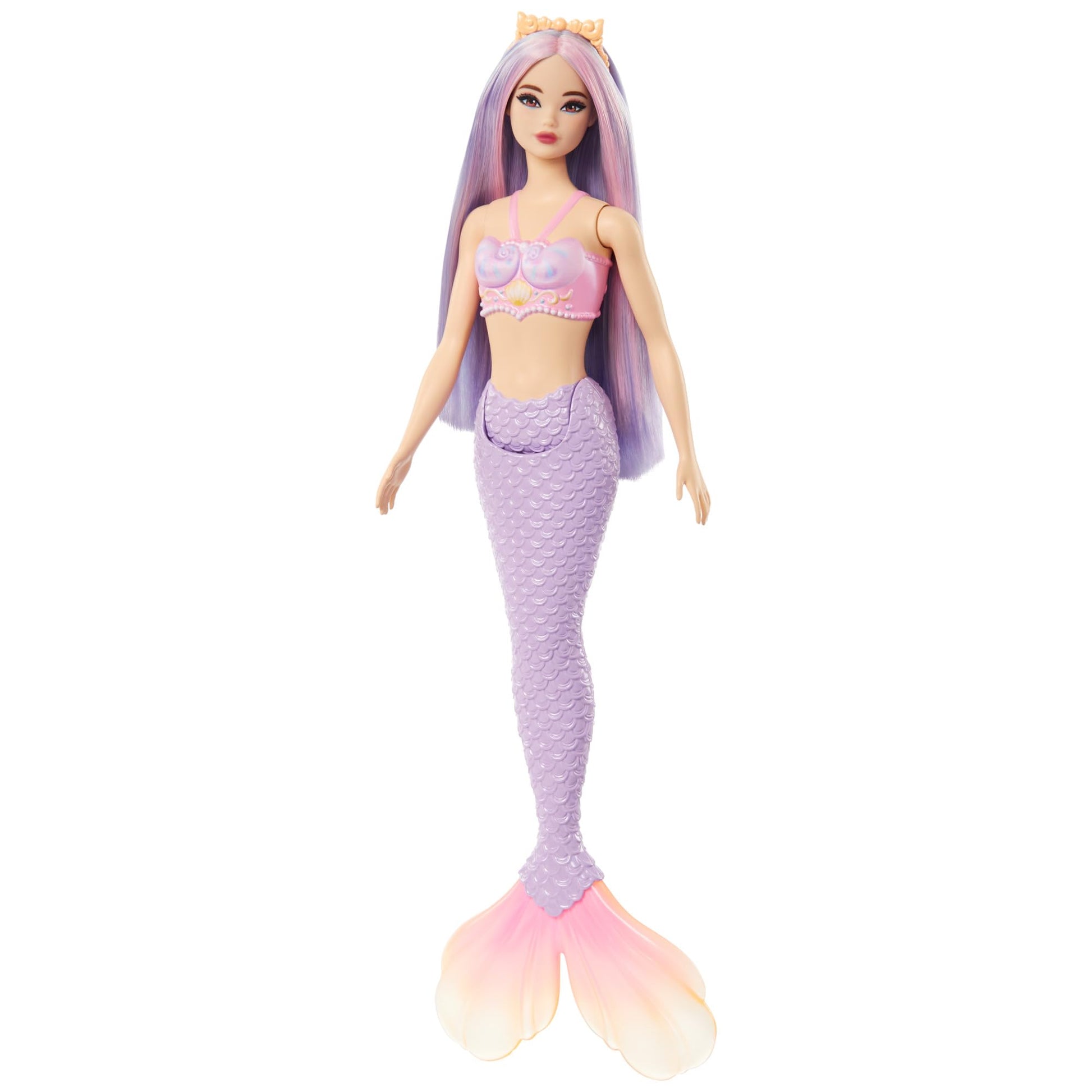 Barbie mermaid doll with pink and lilac hair, shell bodice, and lavender tail, wearing a matching headband accessory.
