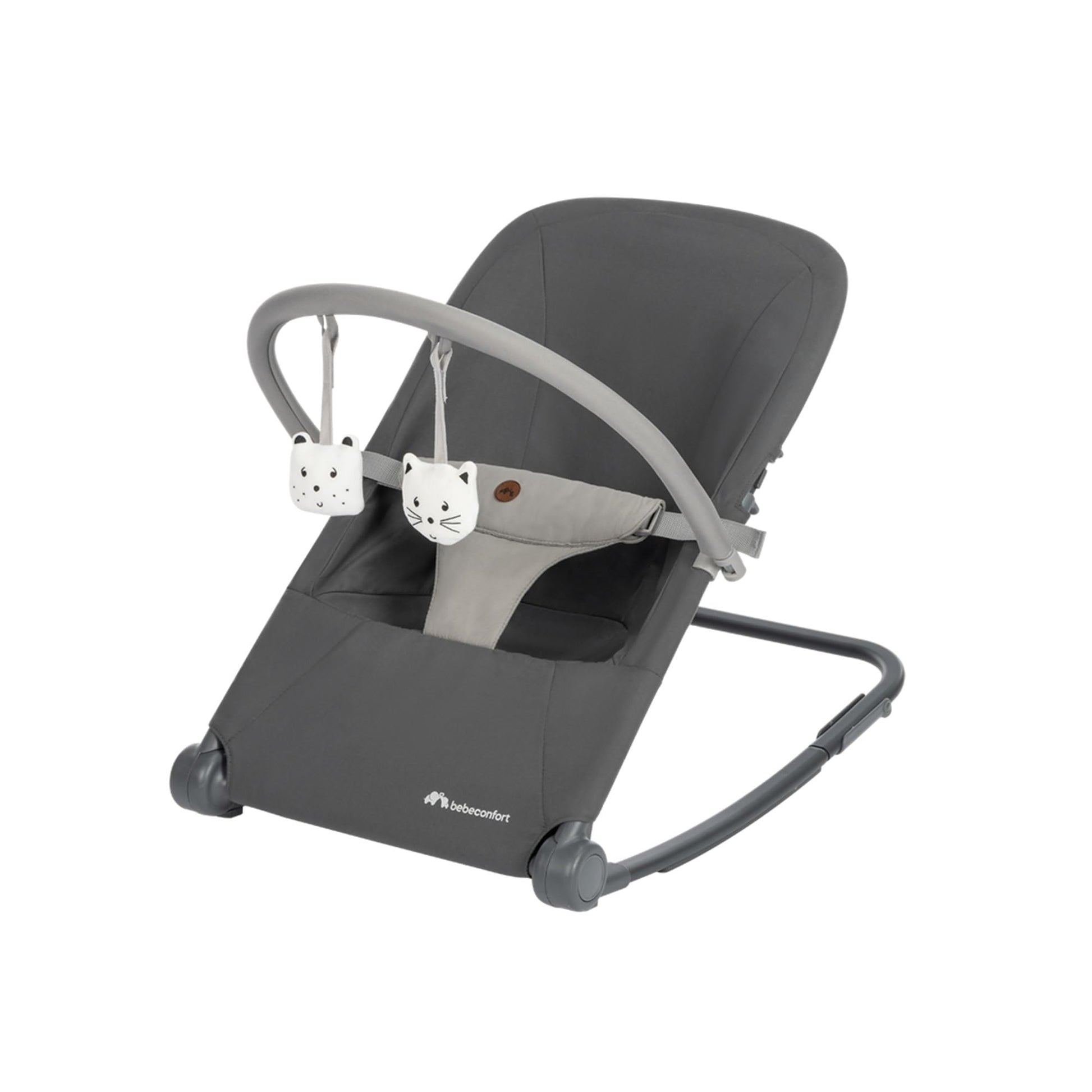 Bebeconfort Aster baby rocker in tinted graphite with adjustable backrest, removable toy arch, 3-point harness, lightweight design
